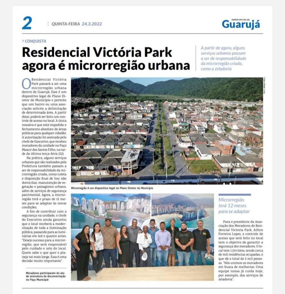 Matéria do Diário Oficial do Guarujá comentando a conquista da Microrregião do Victoria Park