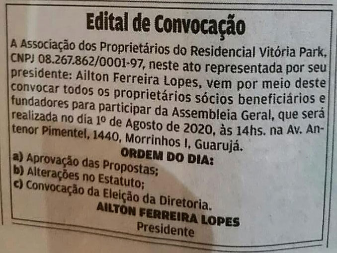 Edital de Convocação para Assembleia Geral organizada pela Associação de Moradores do Residencial Victoria Park.