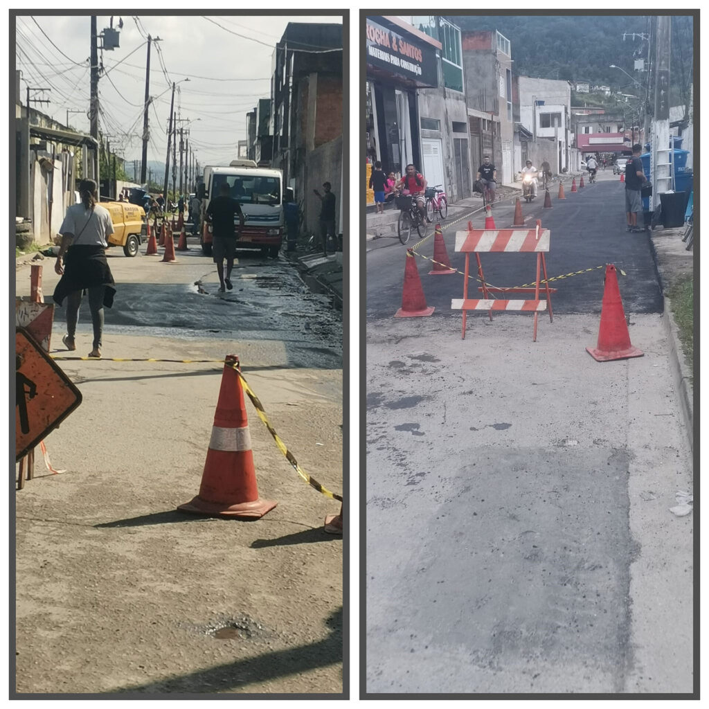 Duas fotos lado a lado mostram a Rua Dezoito durante o processo de pavimentação, com cones, sinalizações e trabalhadores na via.